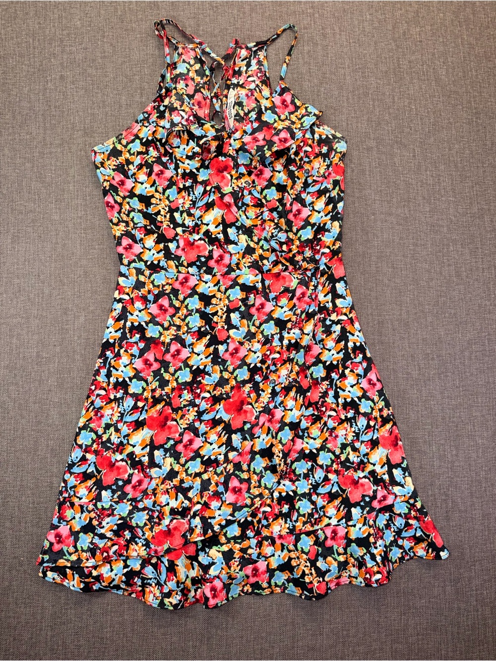 Zara Black Mini Dress with Red, Blue and Yellow Floral Print Size Small